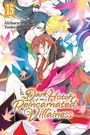 "15, Akiharu Touka, The Dark History of the Reincarnated Villainess." Drei Personen, herbstliche Blätter, Manga-Stil.