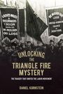 Buchcover mit Schriftzug: „Unlocking the Triangle Fire Mystery“. Historische Fotografie, Banner mit Protestbotschaften.