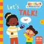 "Let's TALK!" und "Car!" in Sprechblase. Logo "Healthy Milestones". Illustration: Zwei Personen, eine hält ein Spielzeugauto. "18-24 months".