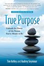 "True Purpose: Unleash the Power of the Person You're Meant to Be" über einem stapeligen Stein vor blauem Himmel.