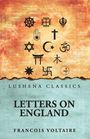 Texte: “Lushena Classics,” “Letters on England,” “Francois Voltaire.” Symbole verschiedener Religionen auf strukturiertem Hintergrund.