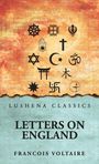 "LUSHENA CLASSICS. LETTERS ON ENGLAND. FRANCOIS VOLTAIRE." Symbole verschiedener Religionen auf strukturierter Fläche.