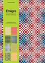 "Emigre: Typographic Patterns from a Pioneer of Digital Design. 16 perforated sheets, 20 x 30 inches." Links grüner Streifen, rechts Muster aus roten, blauen Formen und weißen Punkten.