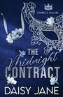 "THE MIDNIGHT CONTRACT", "DAISY JANE", filigrane Maske, blaue Blüten, tiefblauer Hintergrund, elegantes Design.