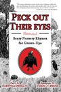 "PECK OUT THEIR EYES" beschreibt ein illustriertes Buch mit gruseligen Reimen für Erwachsene. Ein Rabe auf rotem Kreis.