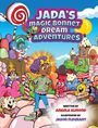"Jada's Magic Bonnet Dream Adventures" in großen Buchstaben. Darunter ein Mädchen in einer bunten Süßigkeitenwelt.