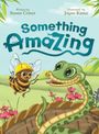 "Something Amazing", Biene mit Helm fliegt über Schlange neben Blumen, Hintergrund Natur, Illustration.