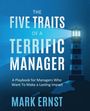 "The Five Traits of a Terrific Manager" von Mark Ernst. Ein Leuchtturm strahlt Licht in einen blauen Hintergrund.
