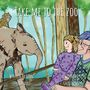 Text: "TAKE ME TO THE ZOO". Ein Kind und ein Mann sitzen, ein Elefant mit Affe im Hintergrund. Illustrative Darstellung.